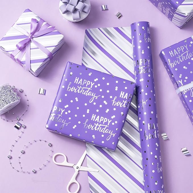 LeZakaa Purple Birthday Wrapping Paper Roll - Image 4