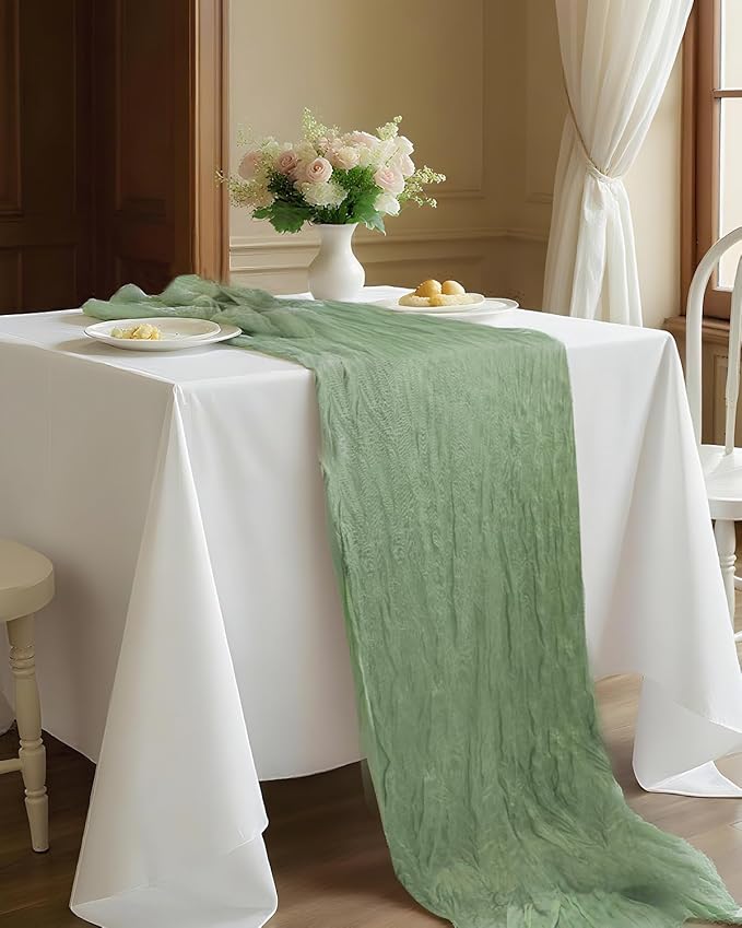 Sage Green Cheesecloth Table Runner 120 Inch, Boho Rustic Gauze 10 FT, Summer - Image 7