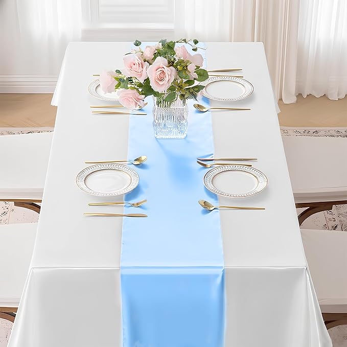 SHEJIZE 20 Pack Light Blue Satin Table Runner 12x108 Inches Long, Bright Silky - Image 7