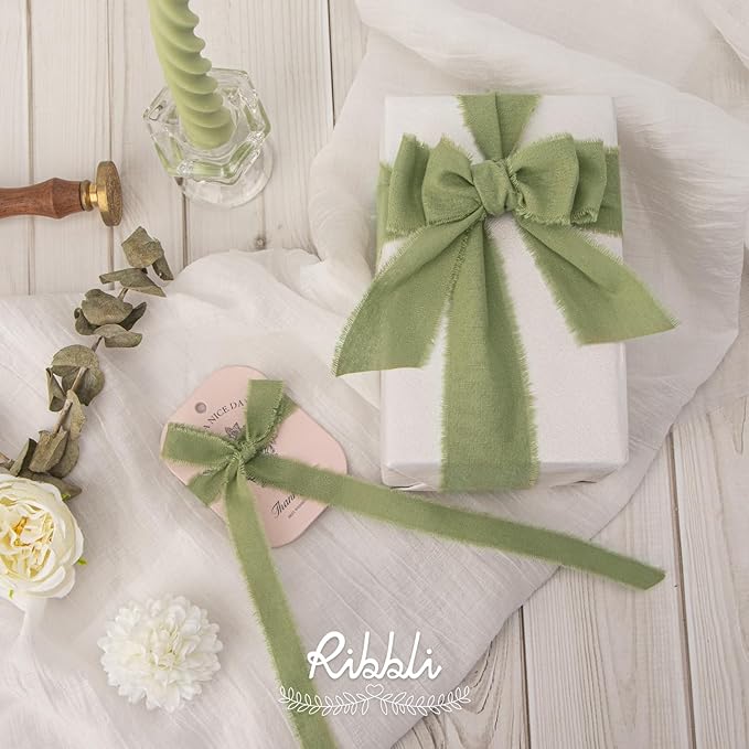 Ribbli 3 Rolls Sage Green Ribbon 5/8 Inch x 18Yards Handmade Cotton Frayed - Image 4