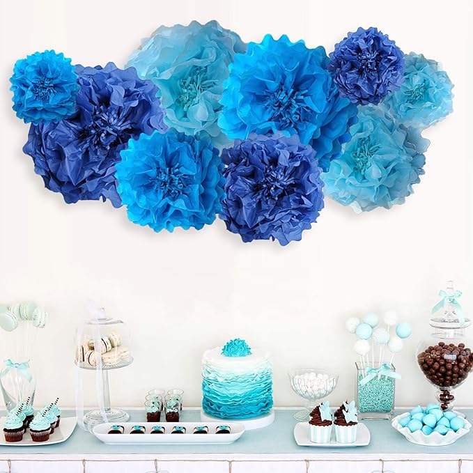 Blue Paper Flower Pom Poms Wall Decorations - Image 5