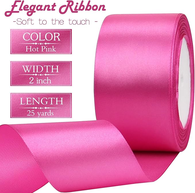 Hot Pink Solid Satin Ribbon 2 Inch 25 Yards Solid Polyester Fabric Ribbon - Image 3