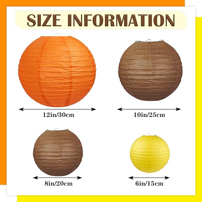 12Pcs Fall Paper Lanterns, Various Sizes Hanging Yellow Orange and Brown Paper - Image 2