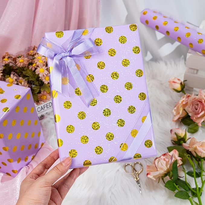 Burymento Purple Holographic Dots Wrapping Paper, Reversible Gold Gift Wrap - Image 6