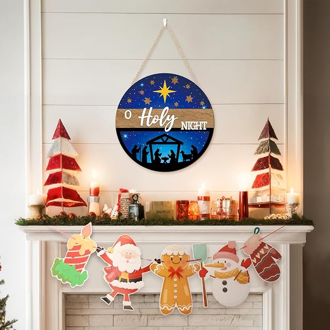 CHDITB 3D O Holy Night Jesus Christmas Front Door Sign, Wooden Nativity Scene - Image 3