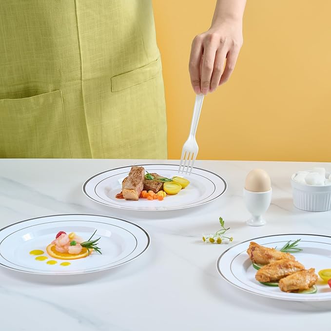 JOLLY CHEF 100 Pieces Silver Plastic Plates, 10 Inch Elegant Disposable White - Image 4