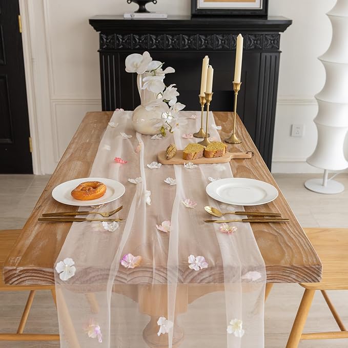Romantic Artificial Floral Table Runner 10ft Gauze Tulle Lace Table Runner Set by Gzcvba