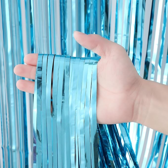 2 Pack Light Blue Tinsel Foil Fringe Curtains, Metallic Tinsel Party Streamers - Image 2