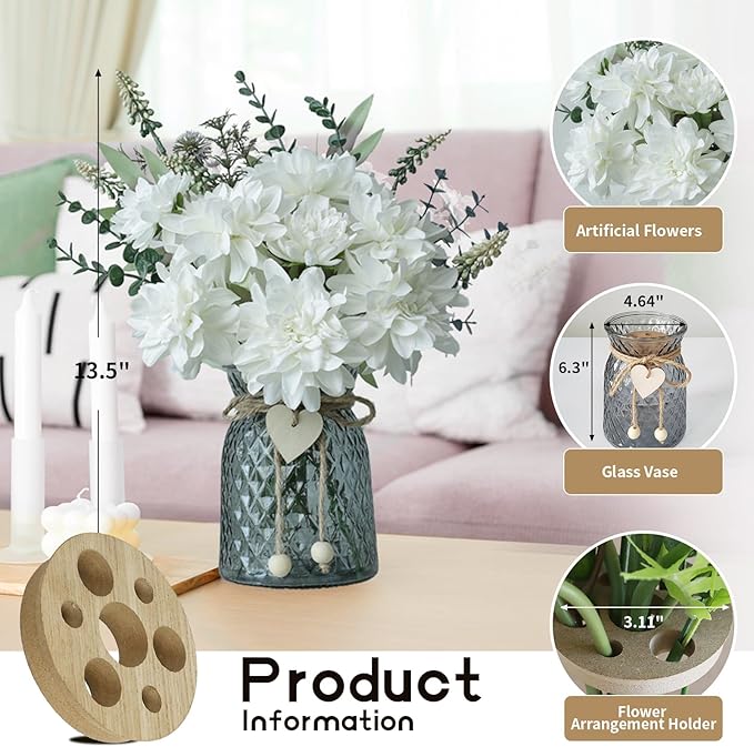Fake Flowers in Vase, 8 Dahlias, Silk Artificial Flowers in Vase, Centerpiece - Image 2