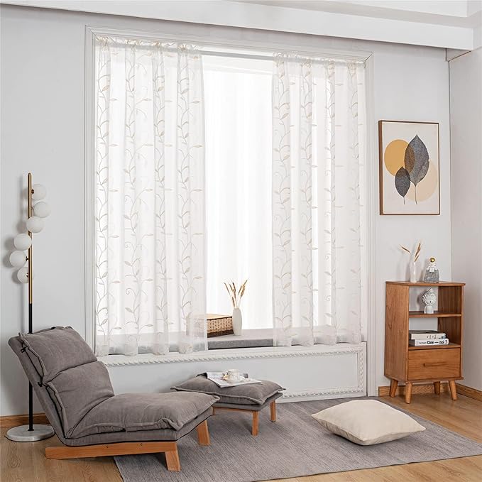 VISIONTEX Sheer Curtains 120 inch Length 2 Panels Set, Rod Pocket Embroidered - Image 6