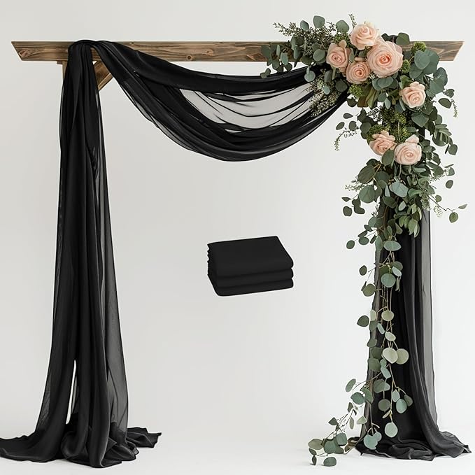 Wedding Arch Draping Fabric 3 Panels 28.7" x 20FT Black Sheer Chiffon Backdrop by Xiomot