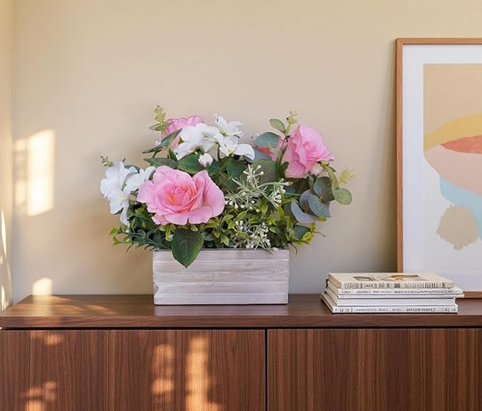 Artificial Flowers Fake Pink Roses Hydrangeas Arrangements in Pot - Image 4
