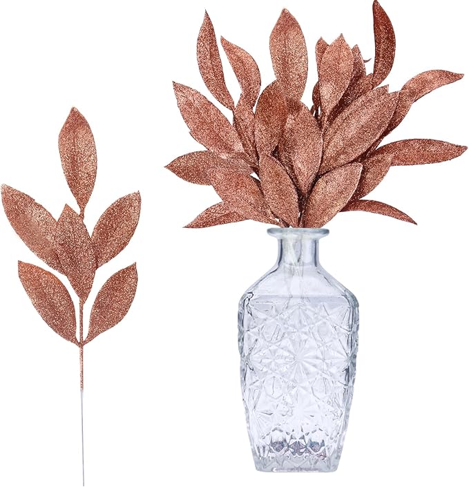 GREENTIME 12 Pack Artificial Brown Glitter Leaves 13" Fake Christmas Picks by Greentime