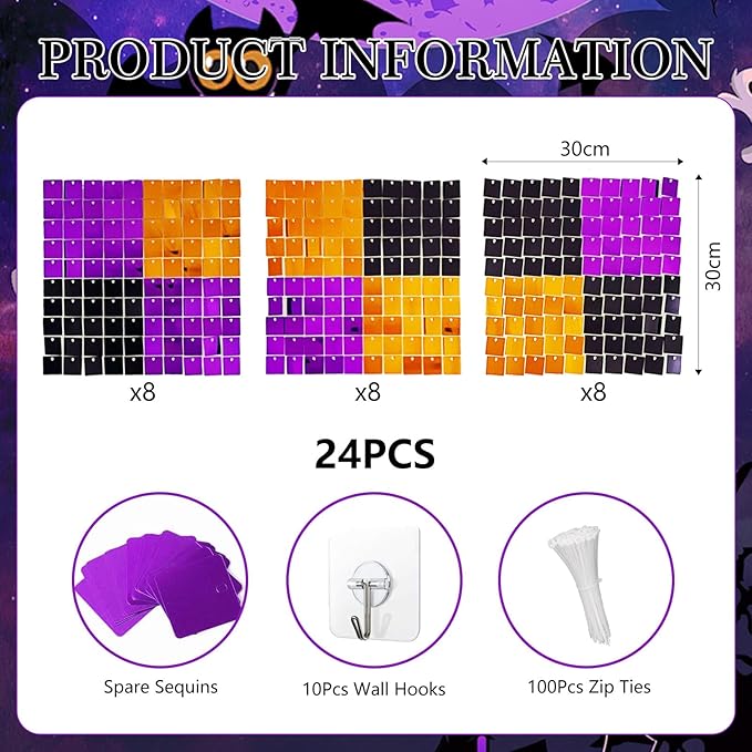 24PCS Black Orange Purple Shimmer Wall Backdrop, Halloween Square Sequin Photo - Image 2