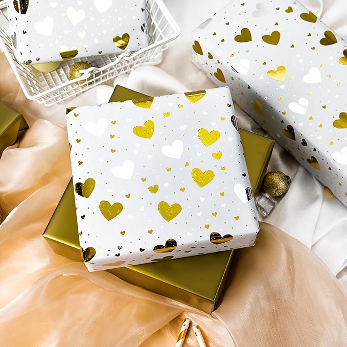 Burymento Gold Foil Heart Wrapping Paper, Reversible Gold Gift Wrap - Image 5