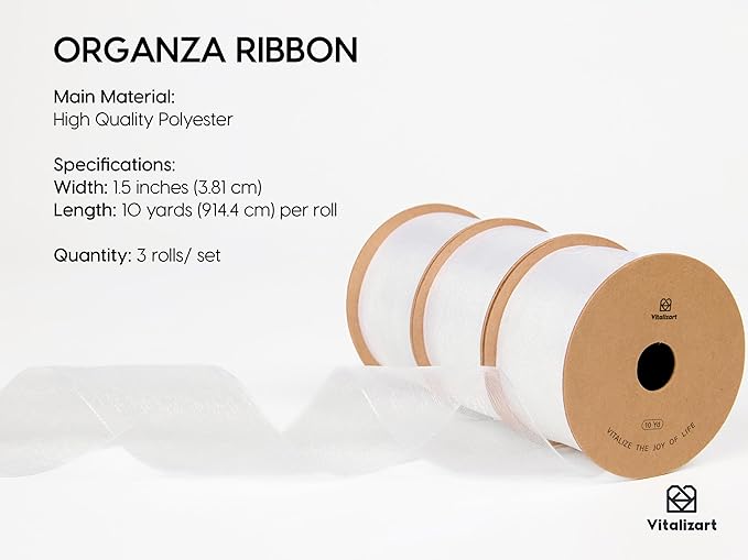 Vitalizart White Organza Ribbon 1.5" x 30 Yd Sheer Ribbons - Image 2