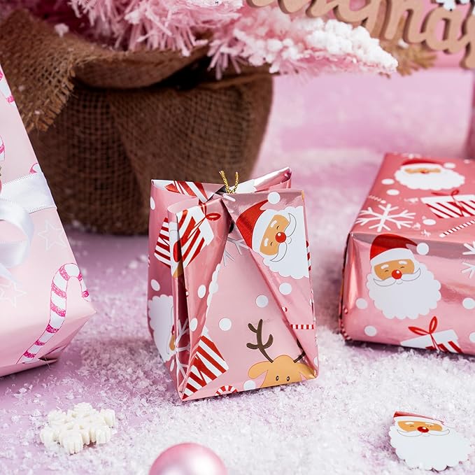 LeZakaa Christmas Pink Wrapping Paper Jumbo Roll, Santa Claus & Candy Cane - Image 2