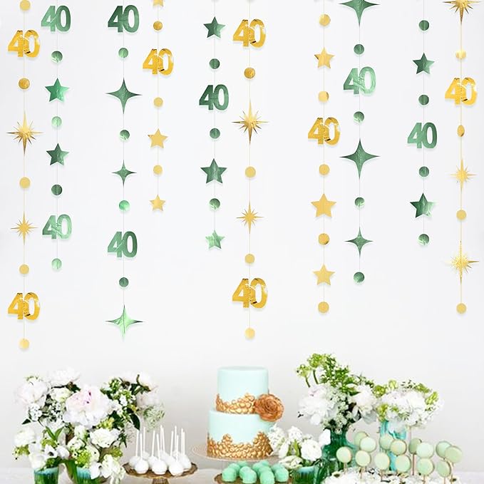 Sage Green Gold 40th Birthday Decorations Number 40 Circle Dot Twinkle Star by pinkblume