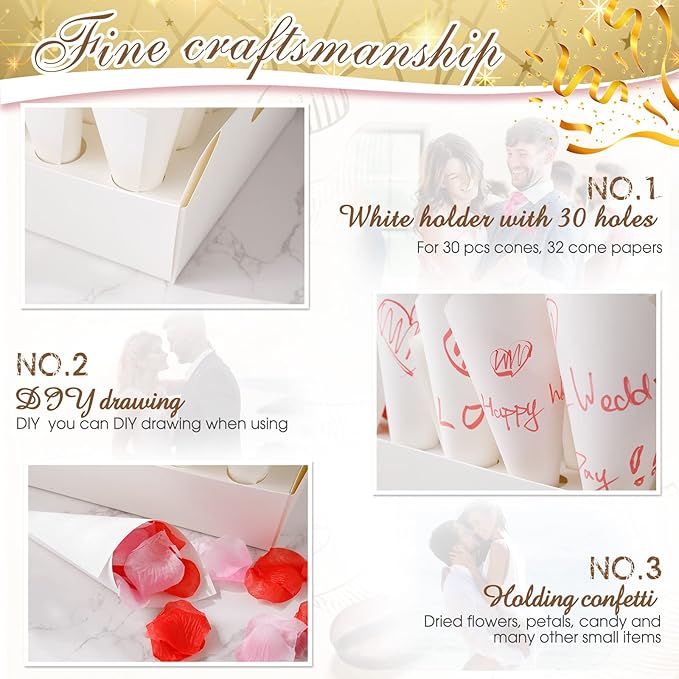 6 Set Wedding Confetti Cone Holder Box Each Includes 30 Pieces of Cone Papers - Image 5