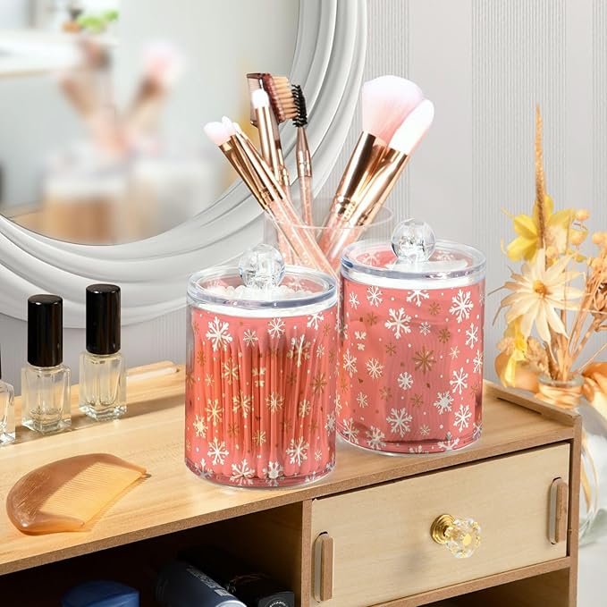 Gredecor 2 Pack Qtip Holder Clear Christmas Golden Pink Snowflakes Apothecary - Image 5