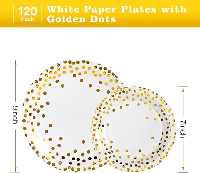 Lullaby 120PCS White Paper Plates, Disposable Gold Paper Plates, Party Plates - Image 2