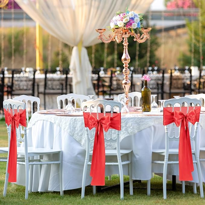 10 PCS Red Satin Chair Sashes Bows Universal Chair Ribbon Ties Back Sash - Image 6