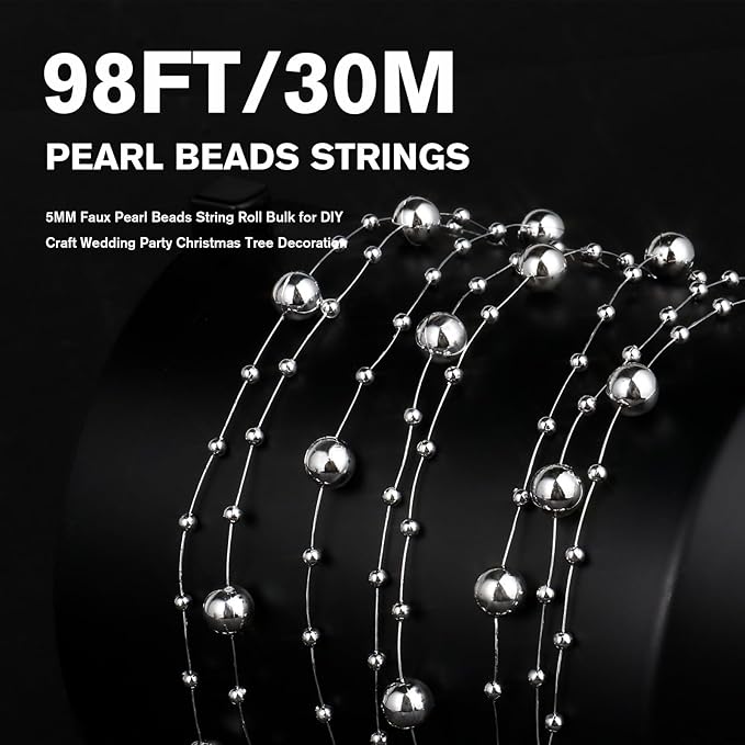 98FT Pearl Beads String Garland, 8mm 3mm Silver Faux Pearl Beads Roll Strand - Image 4