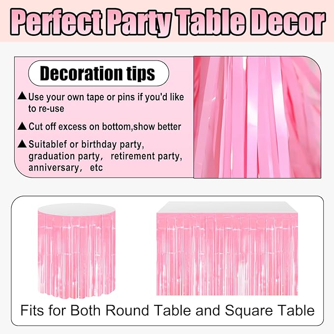 3 Pack 29x108 Inch Macaron Pink Foil Fringe Table Skirts Metallic Banner - Image 3