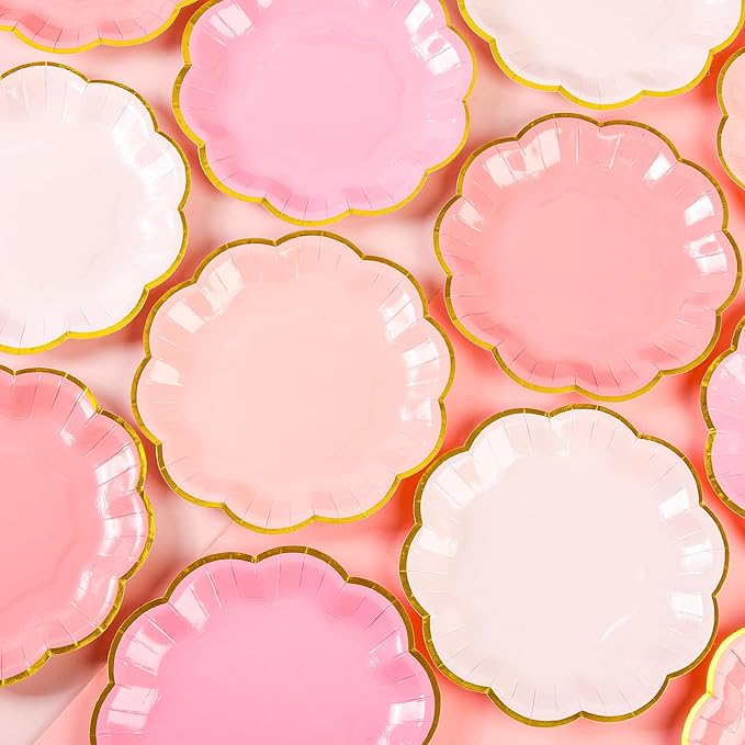 Pink Party Plates Gradient Pink Dessert Paper Plates 7inch Gold Foil Scalloped - Image 4