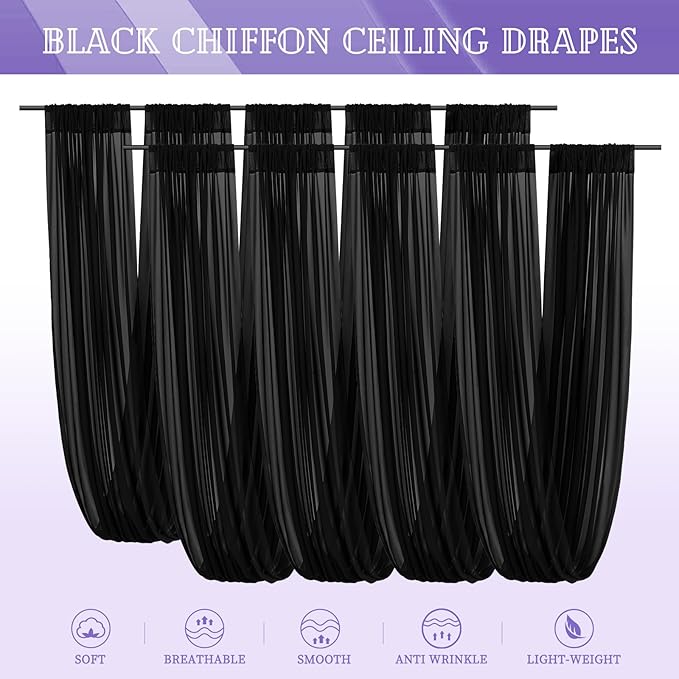 8 Panels Black Ceiling Drapes for Wedding 5ftx20ft Sheer Drapery Chiffon Fabric - Image 7