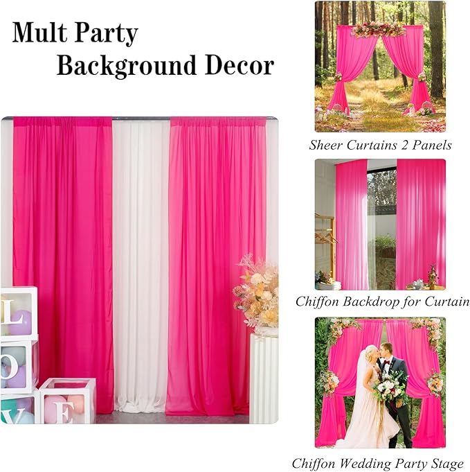 DUOBAO Hot Pink Chiffon Backdrop Curtain-2 Panels 29"x108" Wedding Backdrop - Image 4