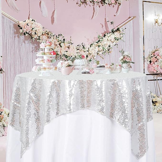 ShinyBeauty Sequin Tablecloth Silver 72''x72'' Square Glitter Table Cover - Image 2