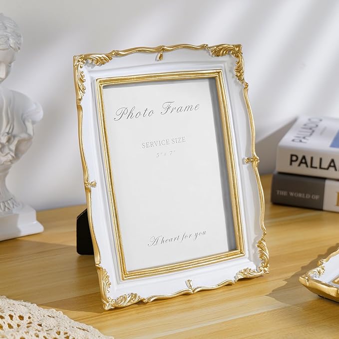 Cuspin Vintage Picture Frame 5x7 Gold Frames, Ornate White and Gold Textured - Image 3