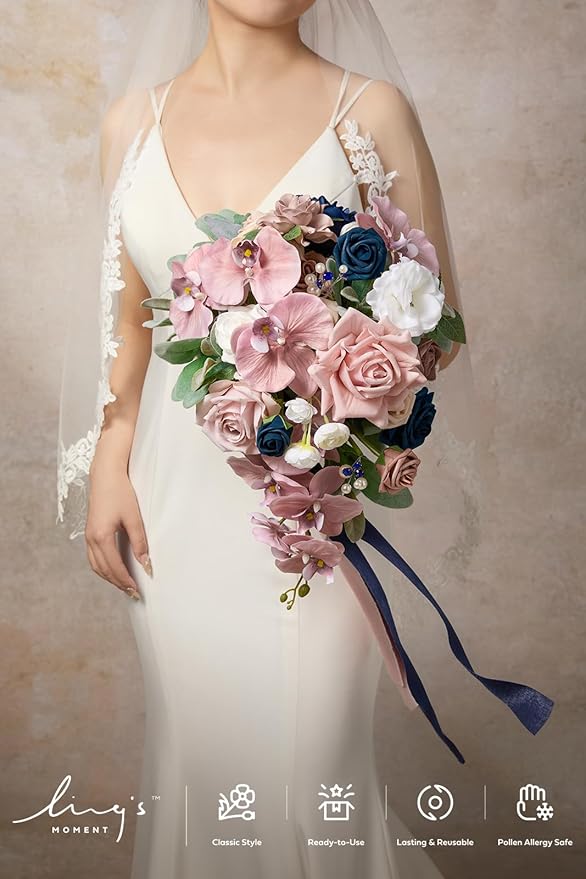 Ling's moment Pink Blue Bridal Bouquet Cascading, Dusty Rose Navy Wedding - Image 4