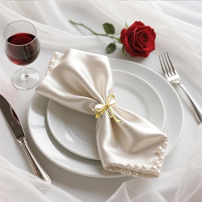 Gold Napkin Rings Set of 8 Pearl Bow Napkin Rings - Image 4
