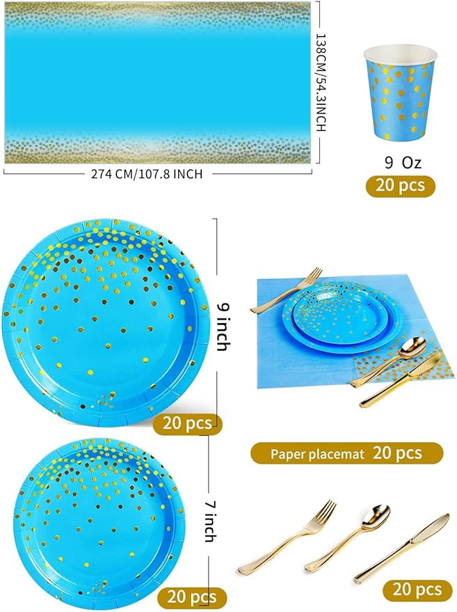 141 Pieces Sky Blue Gold Party Supplies, Party Dinnerware Sets Include Paper - Image 3