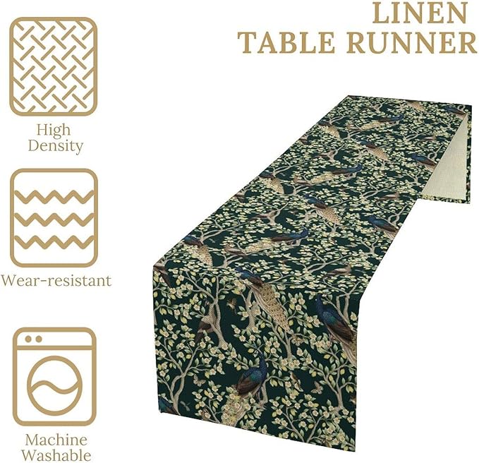 Peacock Table Runner, Retro Floral Plants Peacock Table Runner - Image 4