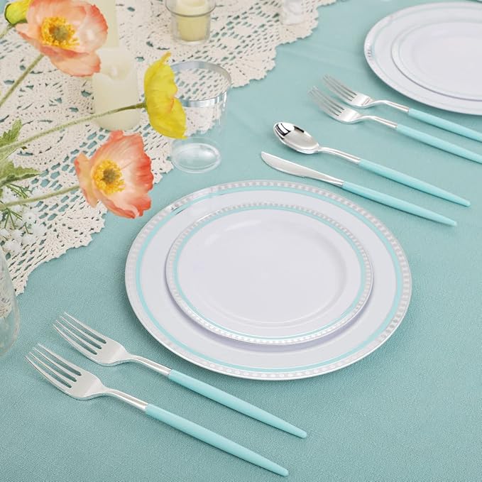 COLOSUS 125pcs Disposable Silver Blue Plastic Plates and Silverware .Light baby - Image 3