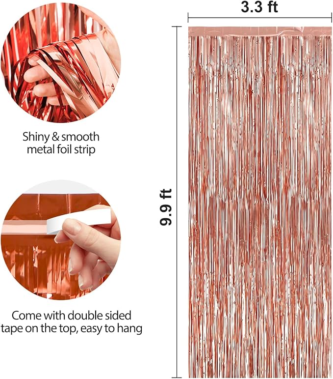 Crosize 4 Pack 3.3 x 9.9 ft Rose Gold Foil Fringe Backdrop Curtain, Streamer - Image 2