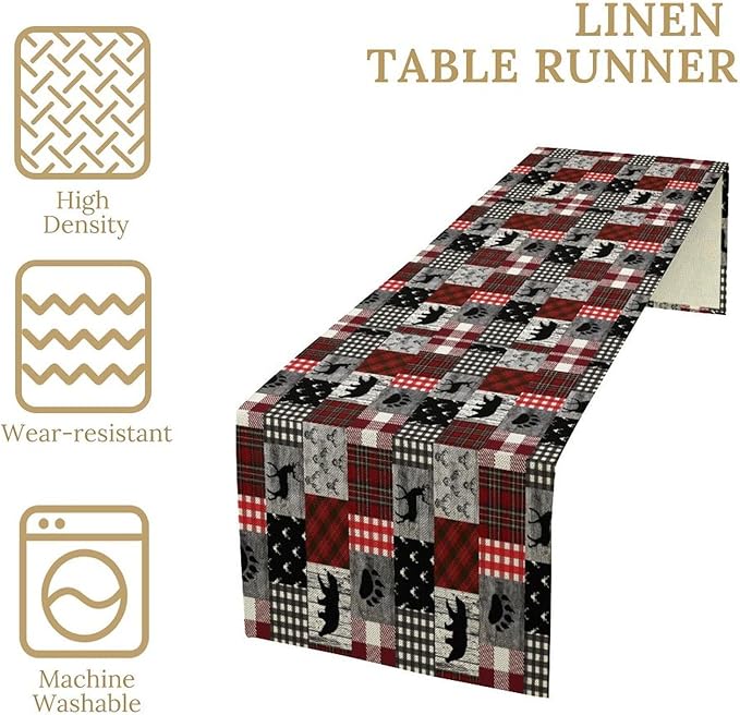 Rustic Farm Table Runner, Vintage Woodland Deer Bear Animal Buffalo Plaid Print - Image 2