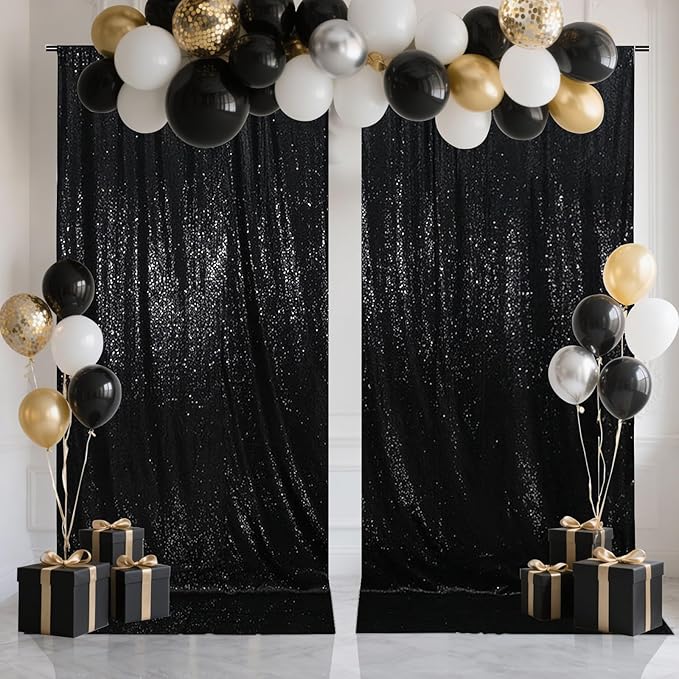 SquarePie Sequin Backdrop Curtain 8FT x 10FT Black Satin Backing Fabric - Image 8