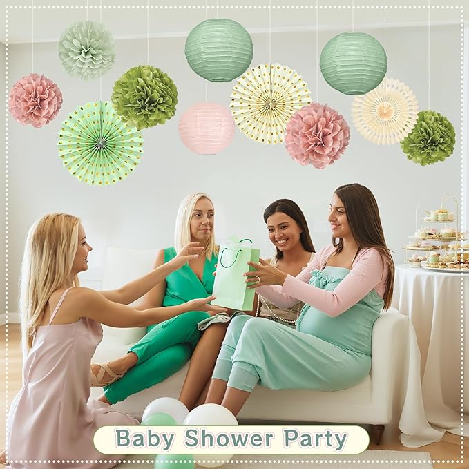 15Pcs Sage Green Party Decorations, Hanging Paper Lanterns Paper Fans Tissue - Image 6