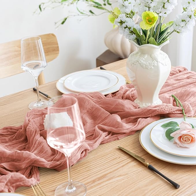 Asee'm Cheesecloth Table Runner 120 Inches Dark Rose Boho Gauze Cheese Cloth - Image 6