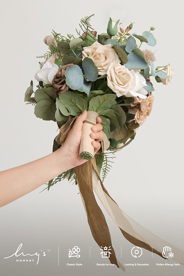 Ling's moment Intimate Brown Bridal Bouquet Cascading, 13 Inch Bride Bouquets - Image 2