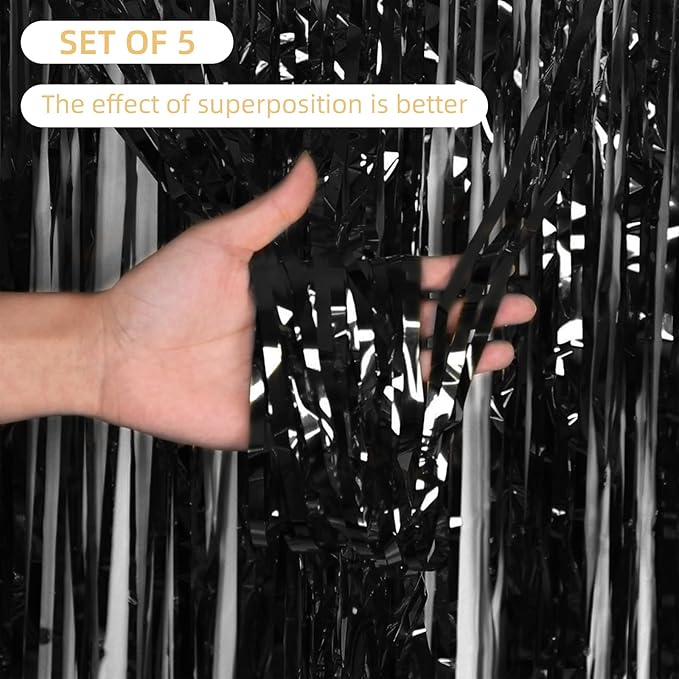 5 Pack Black Foil Curtain Backdrop 3.2ft x 9.8ft Metallic Tinsel Foil Fringe - Image 2