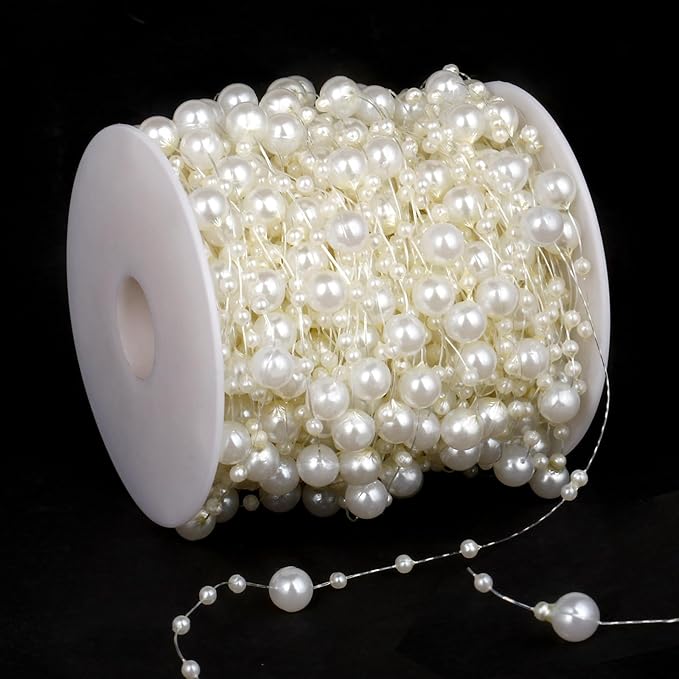 98FT Pearl Beads String Garland, 8mm 3mm Ivory Faux Pearl Beads Roll Strand Bulk - Image 7