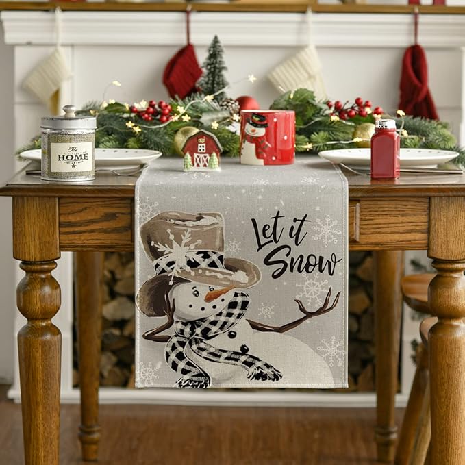 Artoid Mode Grey Snowman Snowflake Let it Snow Christmas Table Runner, Seasonal - Image 3