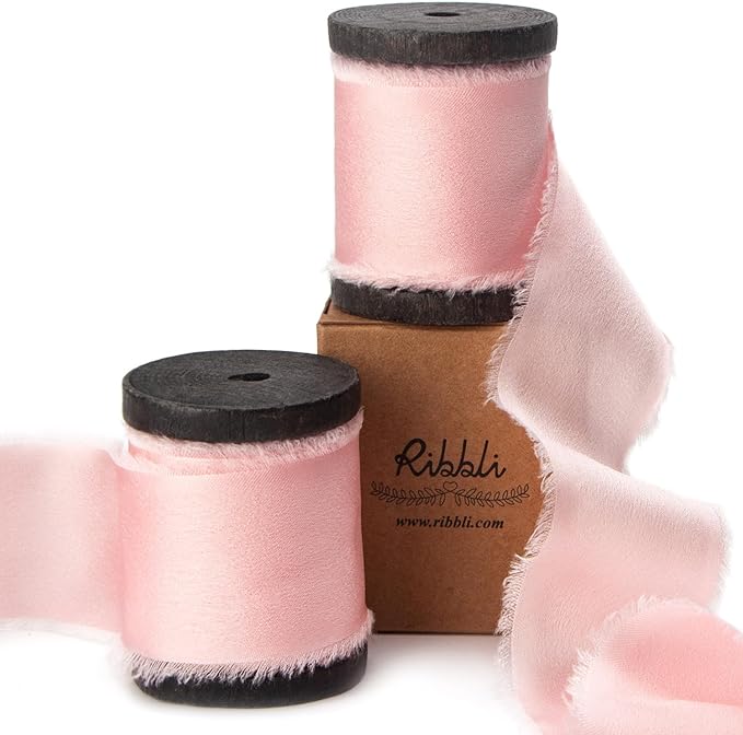 Ribbli Light Pink Silk Satin Ribbon 1.5 Inch x 12 Yard Handmade Frayed Chiffon by Ribbli