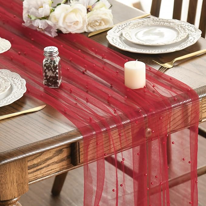 Artoid Mode Pearl Red Gauze Table Runner 59x120 Inch, Seasonal Sheer Kitchen by ArtoidMode