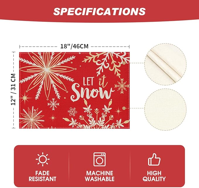 Artoid Mode Red Snowflake Let It Snow Winter Placemats - Image 6